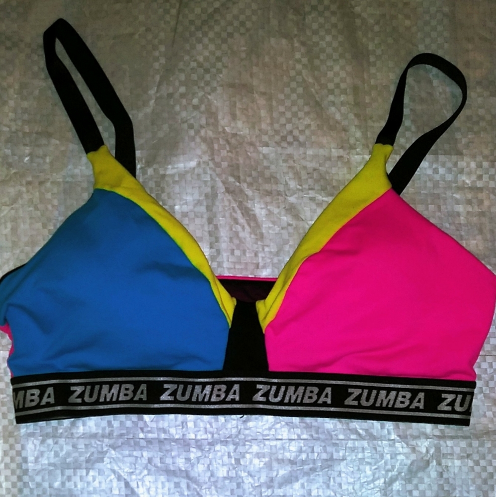 Zumba Glow Color-block Sports Bra size Large Lovely XXL XXLarge Blue Pink Yellow